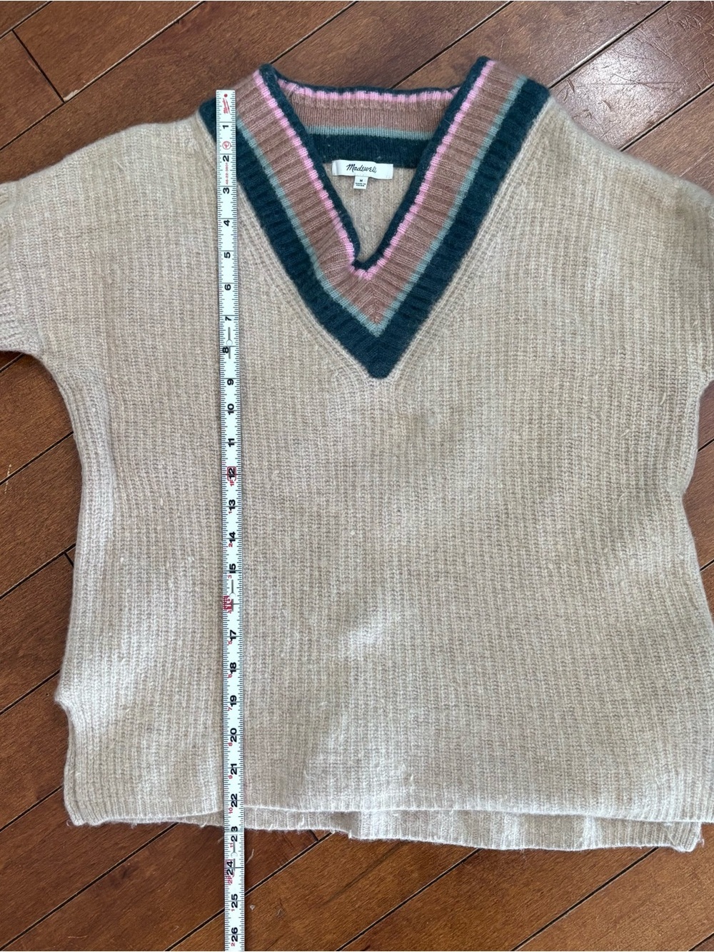 Madewell Beige V-Neck Sweater with Teal and Pink Trim - Picture 6 of 9